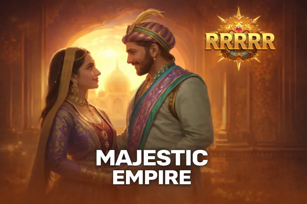 Tampilan MAJESTIC EMPIRE di platform RRRRR resmi dengan nuansa kerajaan emas yang elegan dan desain visual klasik modern