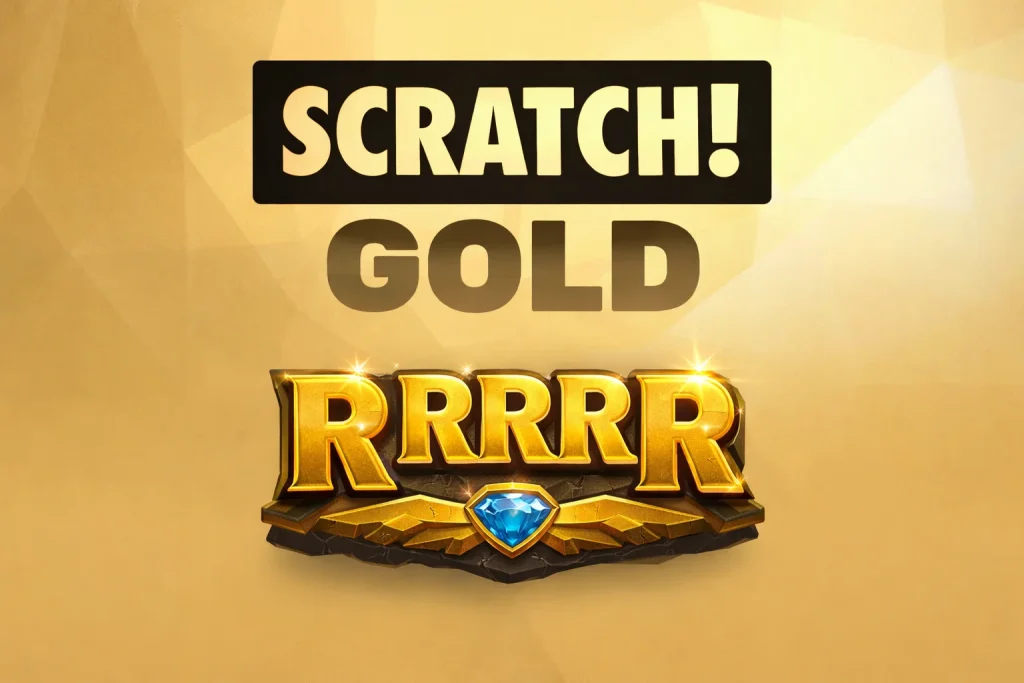 Tampilan permainan SCRATCH GOLD di RRRRR Aplikasi dengan desain emas klasik dan mekanisme geser instan yang sederhana.