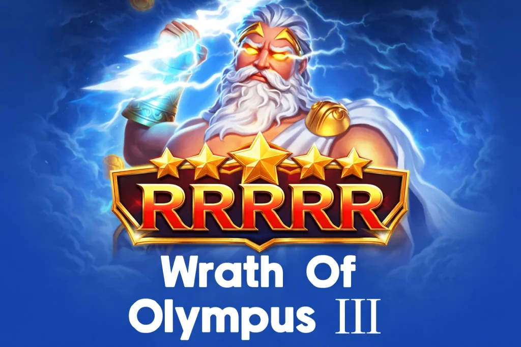 Tampilan game Wrath Of Olympus Ⅲ versi RRRRR dengan efek petir Zeus dan latar mitologi Yunani yang dramatis